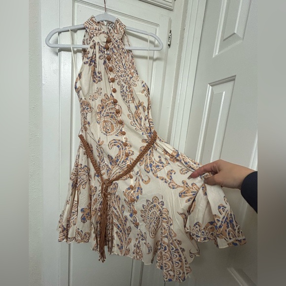 Zara Sundress Beige Pink Size Small Paisley Rope Belt Short Summer Spring - Picture 2 of 9